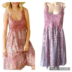 Modern Owl Mauve Pink/purple boho crochet spaghetti strap printed midi dress